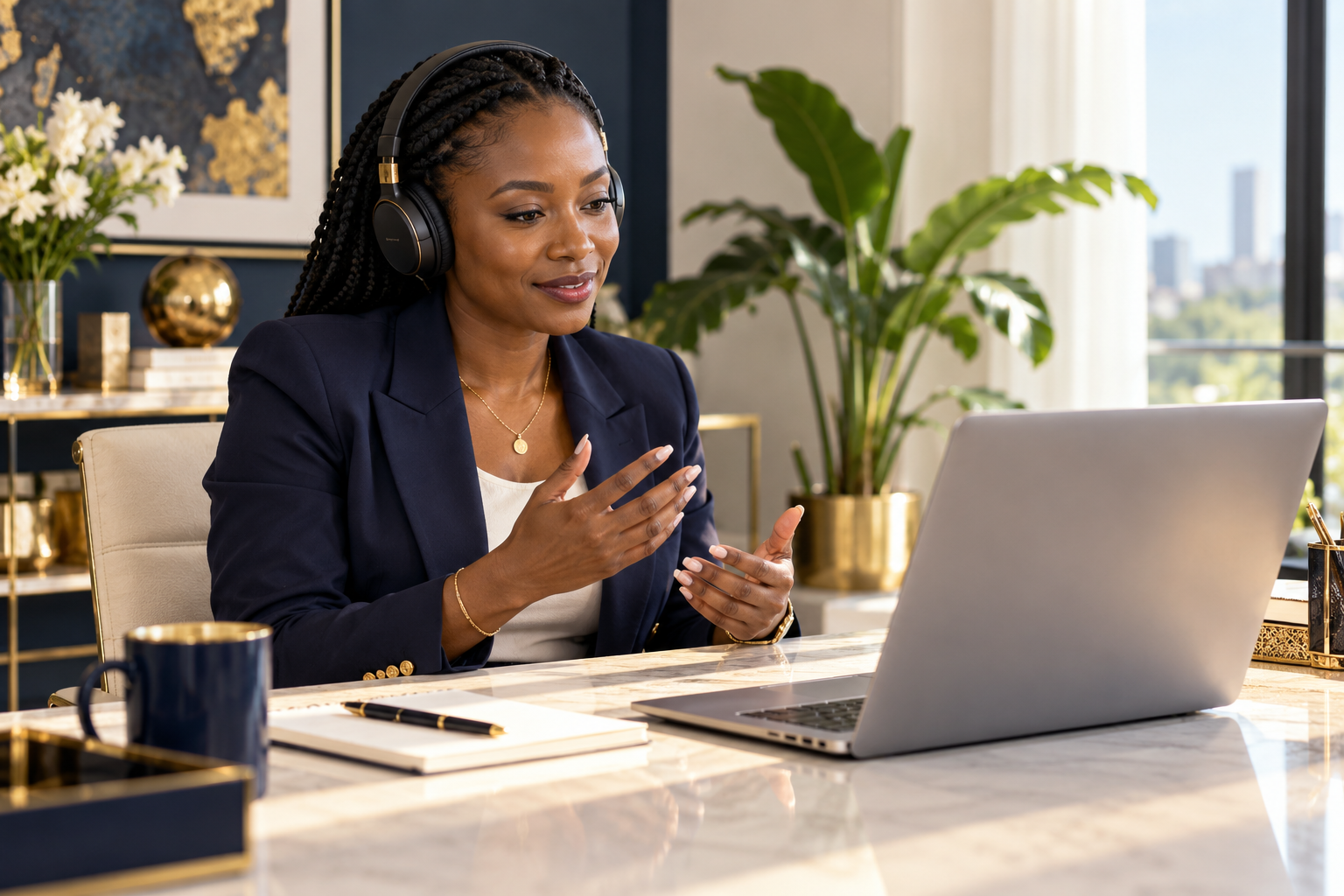 Illustrative scene of a professional using a laptop and headphones for a consultation